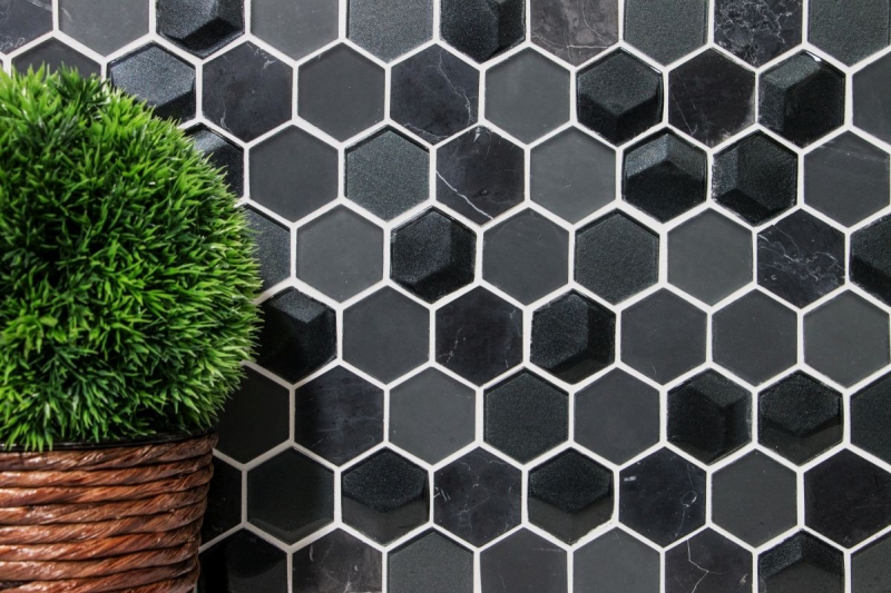 Hand-patterned mosaic tile Tile backsplash Translucent black Hexagon glass mosaic Crystal stone 3D black MOS11D-33_m