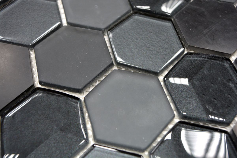 Handmuster Mosaikfliese Fliesenspiegel Transluzent schwarz Hexagon Glasmosaik Crystal Stein 3D schwarz MOS11D-33_m