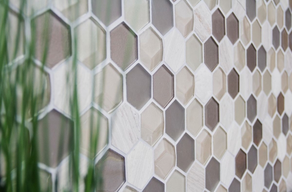 Naturstein Glasmosaik Mosaikfliesen Hexagonal perlmutt beige creme nussbraun Fliesenspiegel Wandverkleidung Bad - MOS11D-44