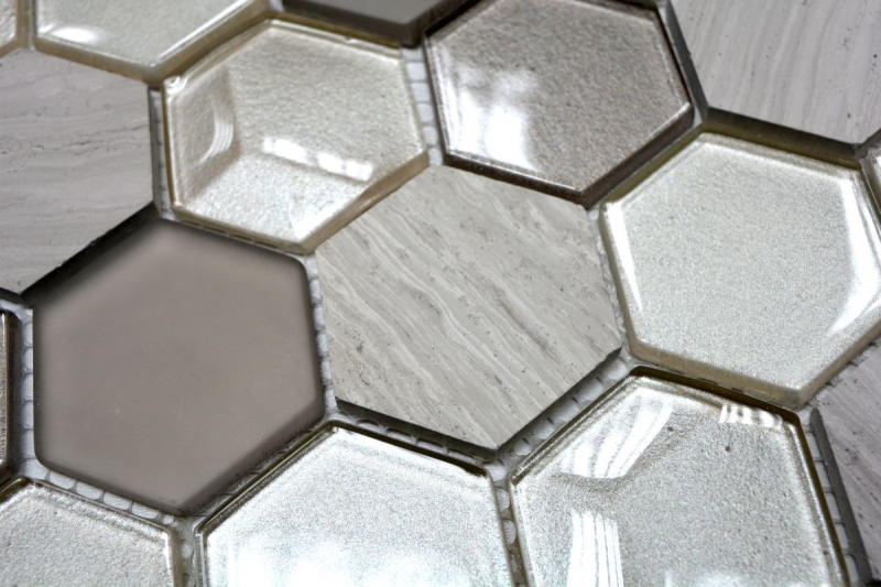 Handmuster Mosaikfliese Fliesenspiegel Transluzent hellgrau Hexagon Glasmosaik Crystal Stein 3D hellgrau MOS11D-44_m