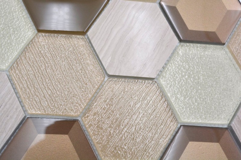 Mosaïque de verre hexagonale Carrelage en pierre naturelle beige crème bronze Marbre Miroir anti-éclaboussures mur salle de bain WC - MOS11E-77