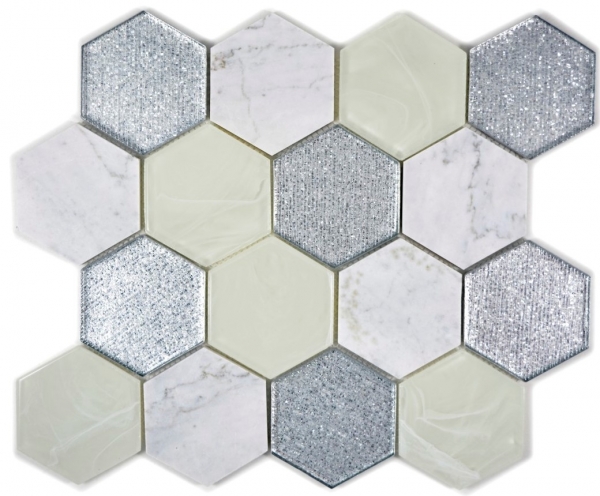 Handmuster Mosaikfliese Transluzent grau silber Hexagon Glasmosaik Crystal Stein grau silber MOS11E-88_m