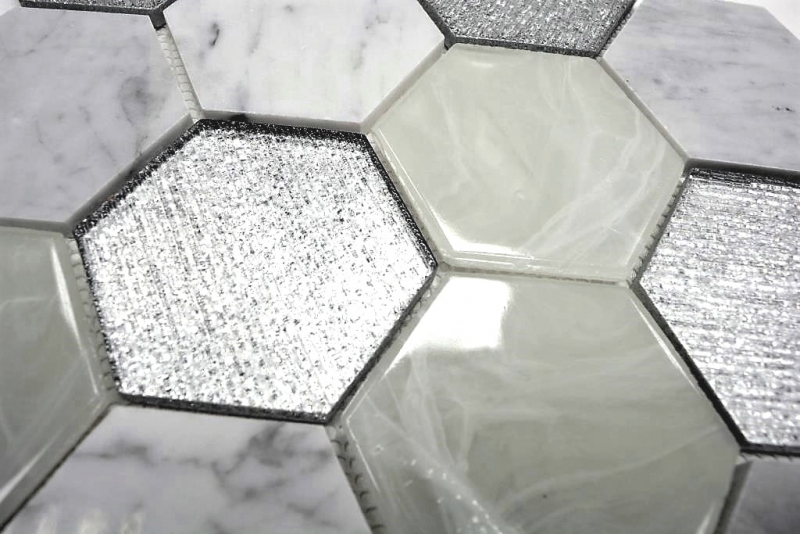 Hexagonale Glasmosaik Naturstein Fliesen grau silber graugrün Marmor Carrara Fliesenspiegel Wand Küche Bad WC - MOS11E-88