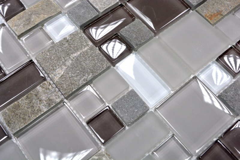 Handmuster Mosaikfliese Fliesenspiegel Transluzent grau braun Kombination Glasmosaik Crystal Stein grau braun MOS88-0206_m