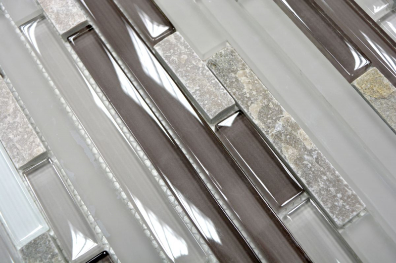 Carreau de mosaïque fond de cuisine gris translucide marron composite Mosaïque de verre Crystal pierre grise marron MOS86-0202_f