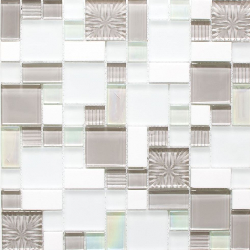 Handmuster Mosaikfliese Fliesenspiegel Transluzent weiß grau Kombination Glasmosaik Crystal Stein weiß grau weiß matt MOS88-MC659_m