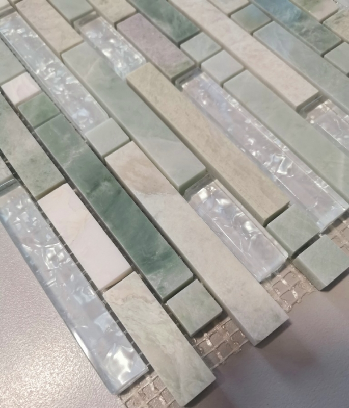 Glasmosaik Naturstein Stäbchen Mosaikfliesen cremeweiß grünstich mit Schimmer Wandverblender Küche Bad WC - MOS87-MV738