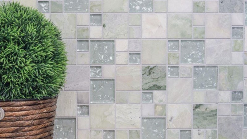 Natural stone glass mosaic marble mosaic tiles light gray gray-green white with stitch tile backsplash wall - MOS88-MC639