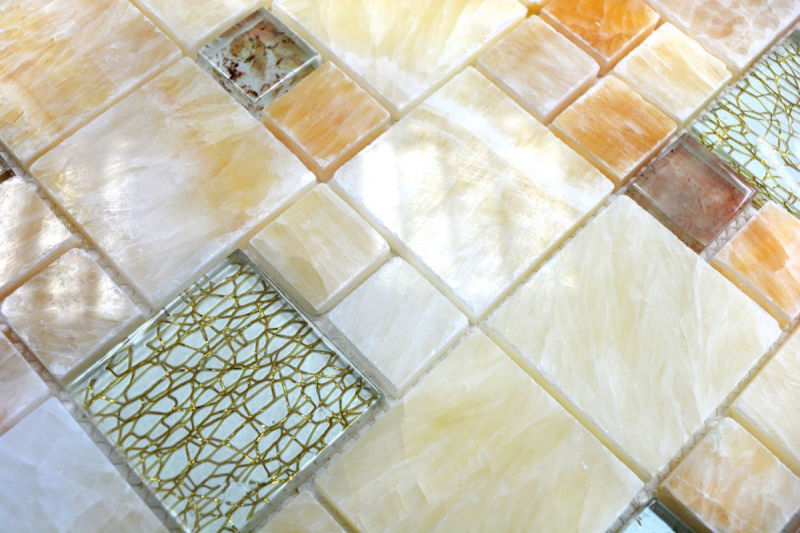 Piastrella di mosaico per cucina traslucida ambra oro combinazione di vetro mosaico cristallo pietra onice eleganza oro MOS88-MC649_f
