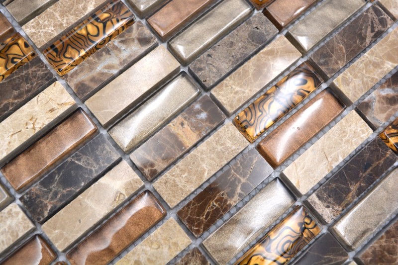 Strip mosaic tiles glass mosaic beige brown cream orange natural stone marble wall kitchen bathroom WC - MOS87-1310