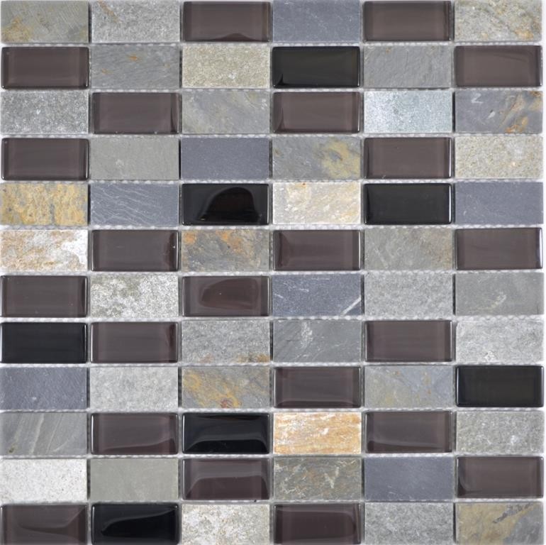 Riemchen Rechteck Mosaikfliesen Glasmosaik beige schwarz anthrzit Stein Fliesenspiegel Küchenrückwand Bad WC - MOS87-1312