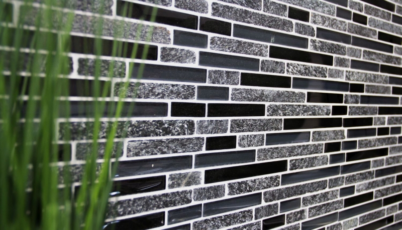 Glass mosaic natural stone rods mosaic tiles gray black dark gray anthracite wall cladding kitchen bathroom - MOS86-0208