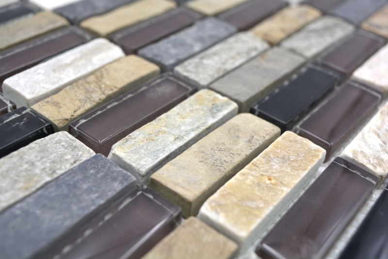 Rectangular mosaic tiles glass mosaic strips beige brown gray black natural stone tile backsplash wall bathroom kitchen - MOS87-1313