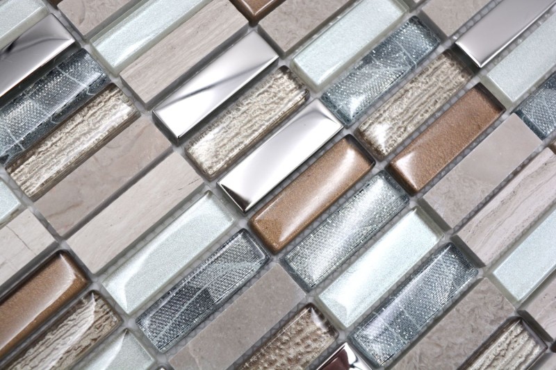 Riemchen Rechteck Mosaikfliesen Glasmosaik Stäbchen hellbraun silber grau Naturstein Marmor Fliesenspiegel Küche Wand - MOS87-SM68
