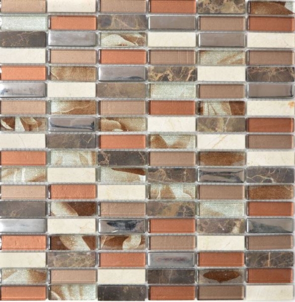 Riemchen Rechteck Mosaikfliesen Glasmosaik Stäbchen braun silber beige Naturstein Marmor Fliesenspiegel Wand Bad Küche - MOS87-SM78