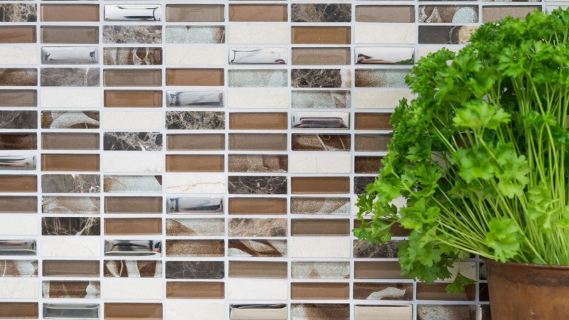 Riemchen Rechteck Mosaikfliesen Glasmosaik Stäbchen braun silber beige Naturstein Marmor Fliesenspiegel Wand Bad Küche - MOS87-SM78