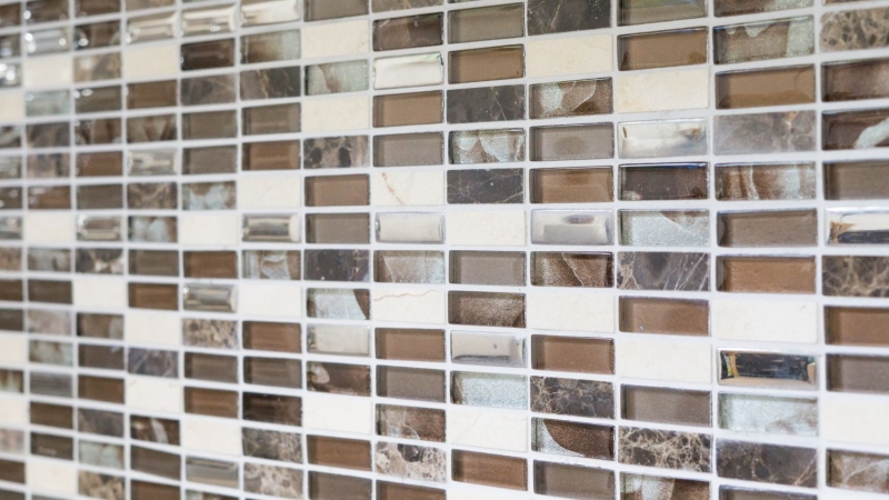 Piastrelle rettangolari di mosaico di vetro aste marrone argento beige pietra naturale marmo piastrelle backsplash parete bagno cucina - MOS87-SM78