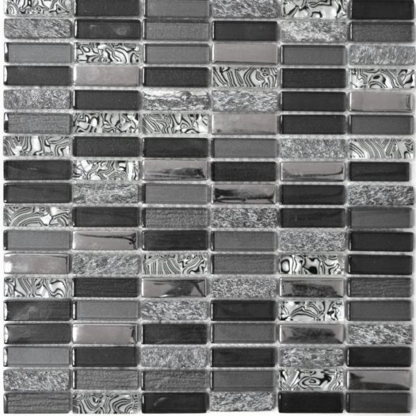 Piastrella di mosaico dipinta a mano Backsplash di piastrelle Traslucido grigio argento nero Rettangolo Mosaico di vetro Pietra di cristallo nero MOS87-SM88_m