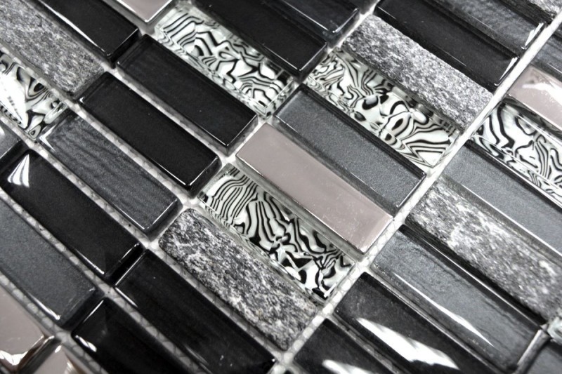 Tessere rettangolari in vetro mosaico aste argento grigio nero antracite pietra naturale alzatina cucina bagno WC - MOS87-SM88