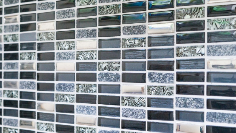 Riemchen Rechteck Mosaikfliesen Glasmosaik Stäbchen silber grau schwarz anthrazit Naturstein Küchenrückwand Bad WC - MOS87-SM88