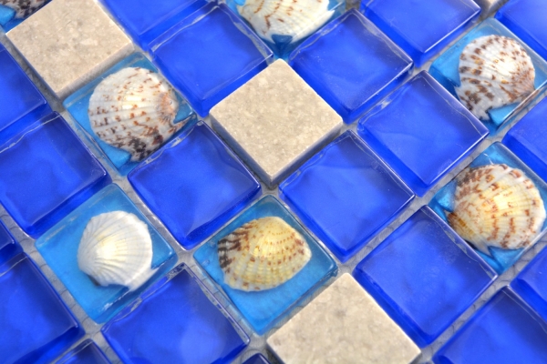 Piastrella di pietra naturale rustica mosaico di vetro conchiglia blu scuro grigio bianco beige rivestimento bagno piastrelle cucina WC - MOS82C-0402