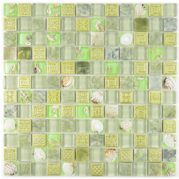 Motif main Carreau de mosaïque Translucide vert Mosaïque de verre Crystal Pierre Coquille verte MOS82C-0502_m