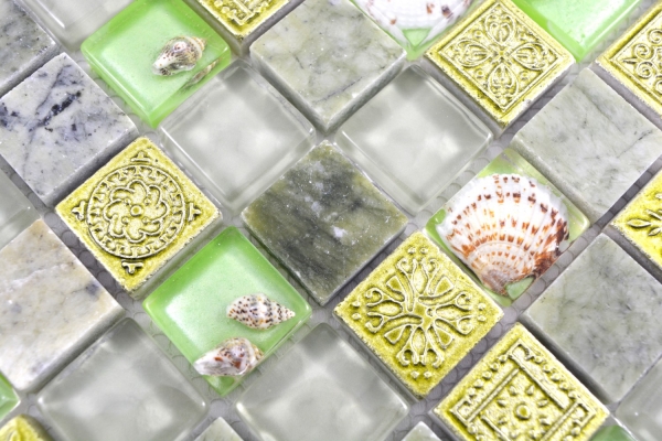 Pietra naturale rustico marmo mosaico tessere di vetro mosaico resina conchiglia verde pastello verde chiaro beige bagno piastrelle cucina parete WC - MOS82C-0502