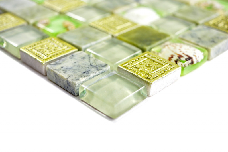Naturstein Rustikal Marmor Mosaikfliese Glasmosaik Resin Muschel grün pastellgrün klar beige Badfliese Küche Wand WC - MOS82C-0502