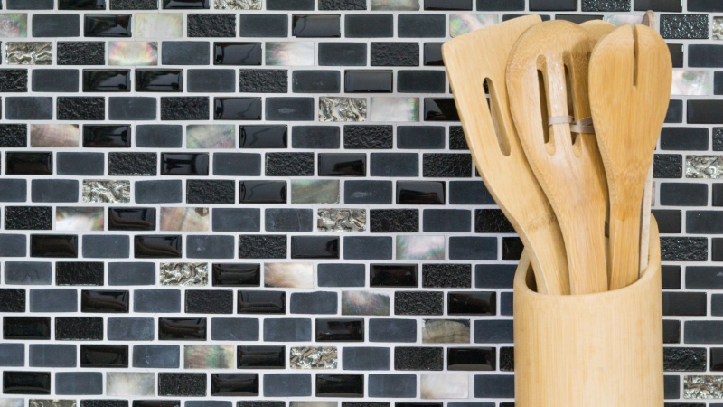 Mosaic rods composite natural stone mosaic tile black silver brick glass mosaic shell frosted glass tile backsplash kitchen bathroom - MOS87-B03S