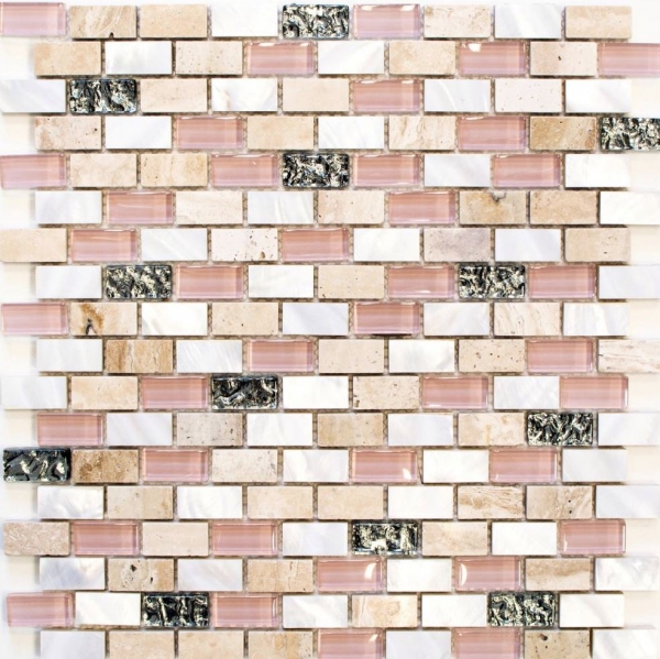 Mosaik Stäbchen Verbund Naturstein Mosaikfliese beige rose perlmutt Brick Glasmosaik Muschel Küchenrückwand Bad WC - MOS87-B05S