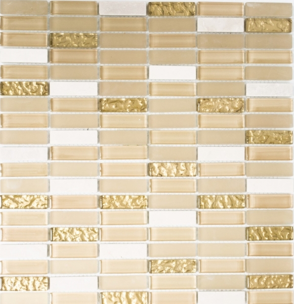 Riemchen Rechteck Mosaikfliesen Glasmosaik Stäbchen weiß gold braunbeige Naturstein Marmor Fliesenspiegel Küche Wand - MOS87-1202