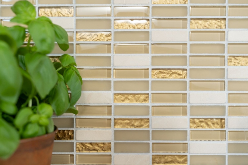 Mosaico rettangolare tessere di vetro mosaico aste bianco oro marrone beige pietra naturale marmo piastrelle backsplash parete cucina - MOS87-1202