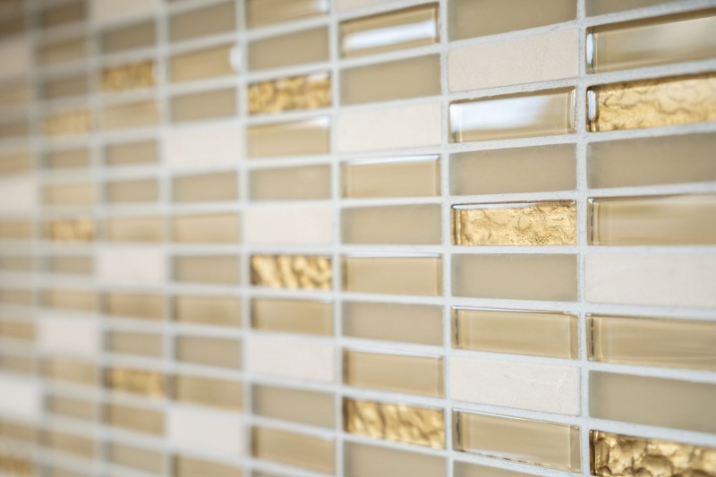 Mosaico rettangolare tessere di vetro mosaico aste bianco oro marrone beige pietra naturale marmo piastrelle backsplash parete cucina - MOS87-1202