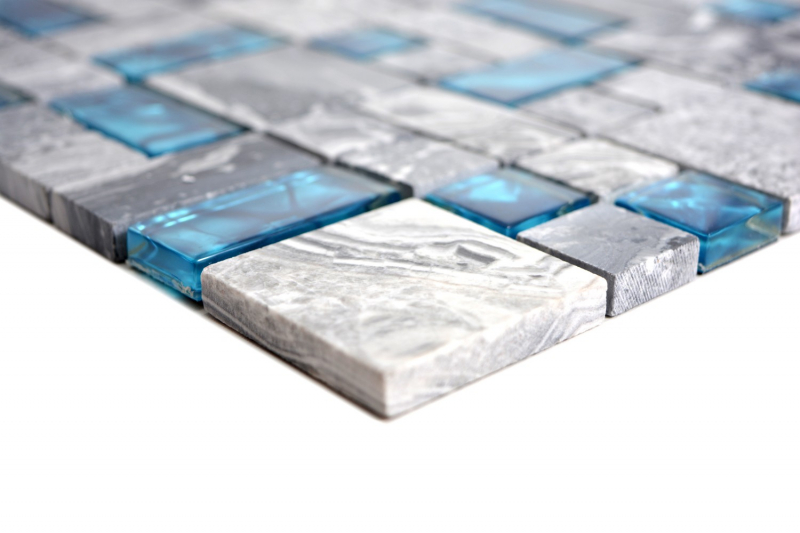 Handmuster Mosaikfliese Fliesenspiegel Transluzent grau Kombination Glasmosaik Crystal Stein grau blau MOS88-0404_m