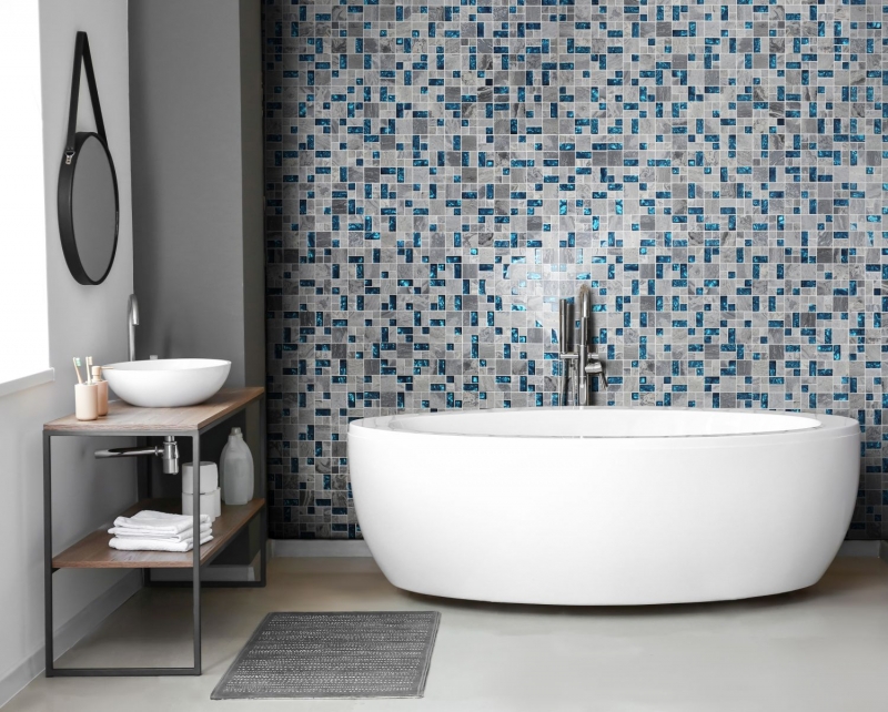 Naturstein Glasmosaik Marmor Mosaikfliesen grau blau anthrazit Küchenrückwand Fliesenspiegel WC - MOS88-0404