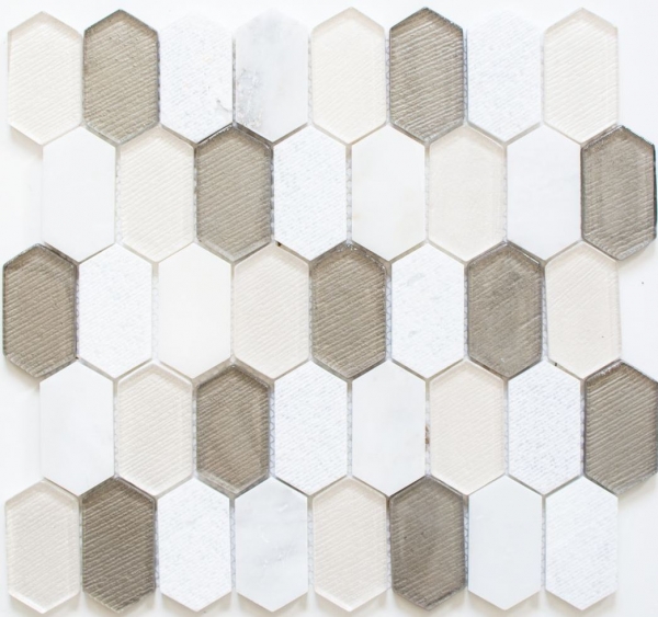 Piastrella di mosaico beige traslucido Mosaico di vetro esagonale Pietra di cristallo bianco beige grigio MOS85-IN69_f