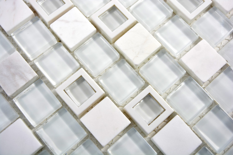 Naturstein Glasmosaik Marmor Kunststoff weiß klar Multiformat Fliesenspiegel Küchenrückwand - MOS82BM-0101