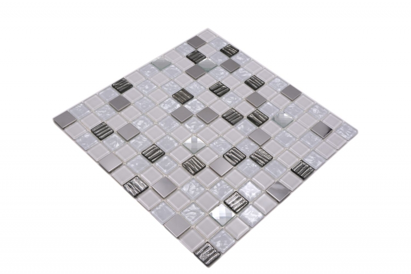 tessere autoadesive di mosaico in vetro acciaio inox bianco MOS200-4CM24