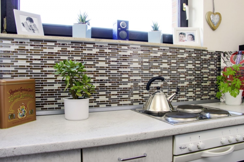 self-adhesive mosaic stick look vinyl adhesive film beige brown emperador tile backsplash kitchen