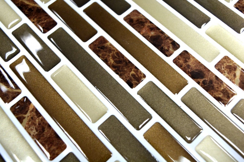 selbstklebende Mosaik Stäbchen Optik Vinyl Klebefolie beige braun emperador Fliesenspiegel Küche