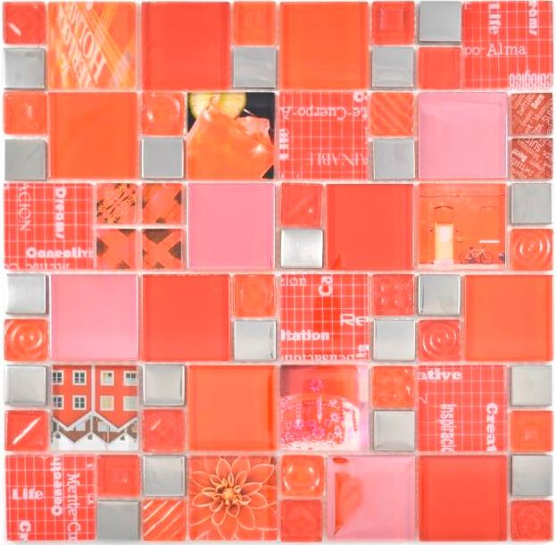 Glasmosaik Mosaikfliesen silber orange rot Wand Fliesenspiegel Küche Bad