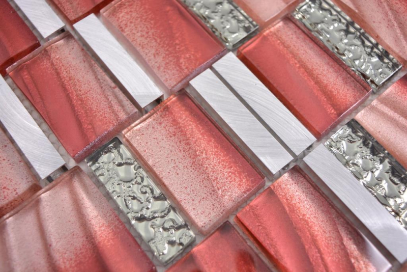 Glasmosaik Mosaikfliesen Aluminium pastell rot silber rose Wand Fliesenspiegel Küche Bad