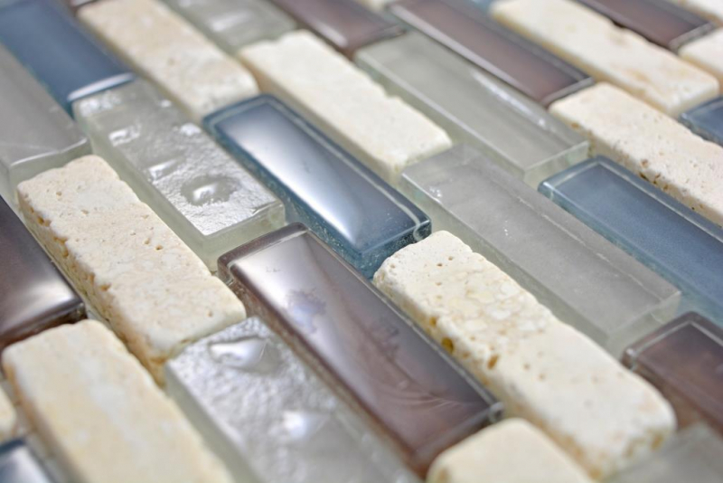 Mosaik Stäbchen Verbund Naturstein Glasmosaik Mosaikfliese Mauerverband grau braun beige Fliesenspiegel Küchenrückwand - MOS88-0213