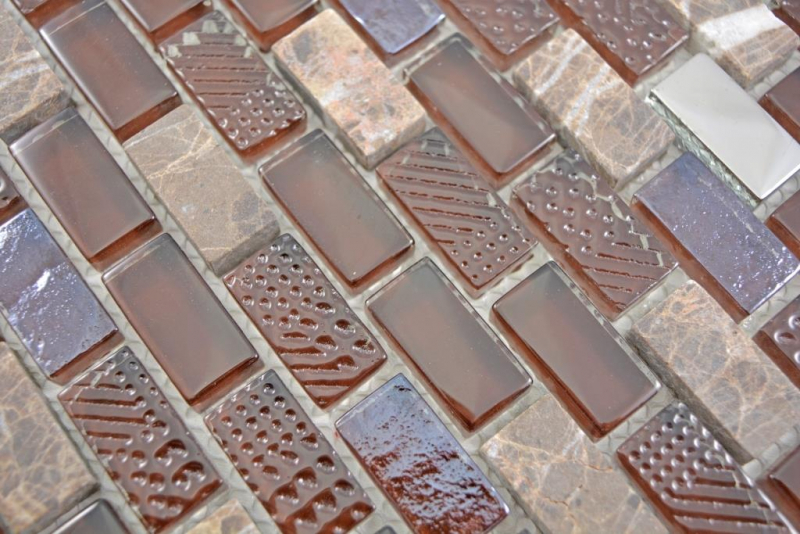 Mosaico di vetro traslucido composito pietra acciaio marrone muro piastrelle backsplash cucina bagno MOS87-0013_f