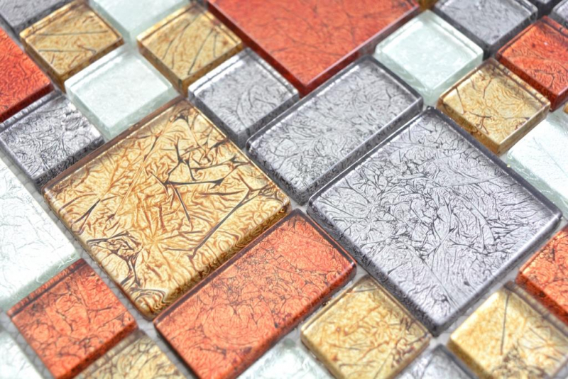Glasmosaik Mosaikfliesen gold silber anthrazit orangerot Struktur