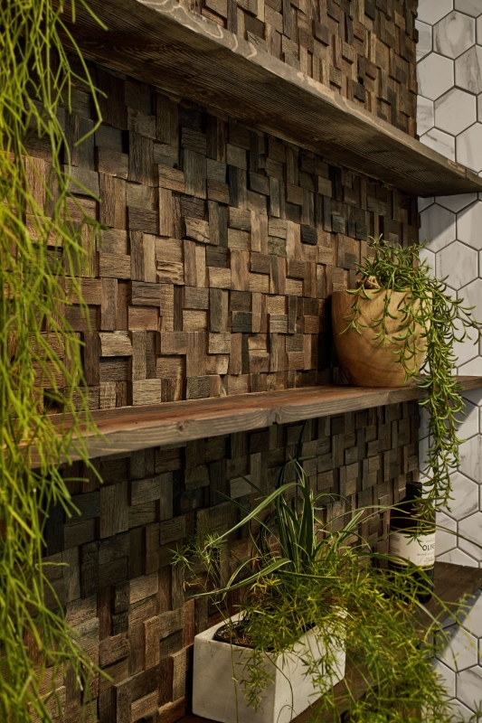 Wooden mosaic made from boat planks Wood FSC wall cladding Kitchen splashback MOS160-25