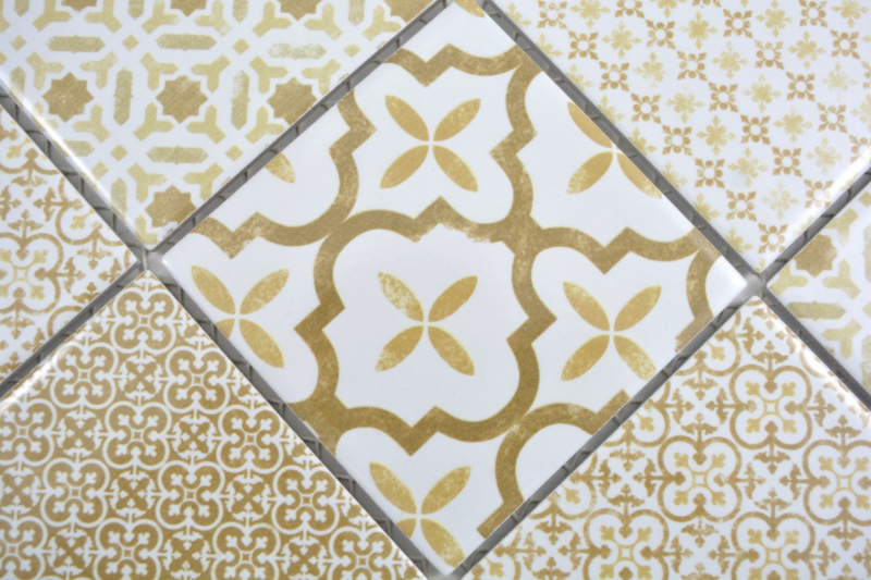 Muro di ceramica a mosaico bianco, beige, marrone, patchwork, ornamento, decorazione vintage a mosaico - MOS22B-WB12