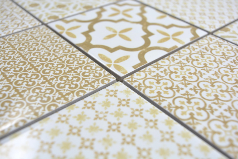 Muro di ceramica a mosaico bianco, beige, marrone, patchwork, ornamento, decorazione vintage a mosaico - MOS22B-WB12