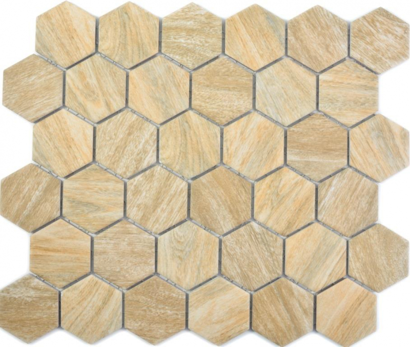 Hand-painted ceramic mosaic hexagon beige brown wood effect MOS11H-0011_m
