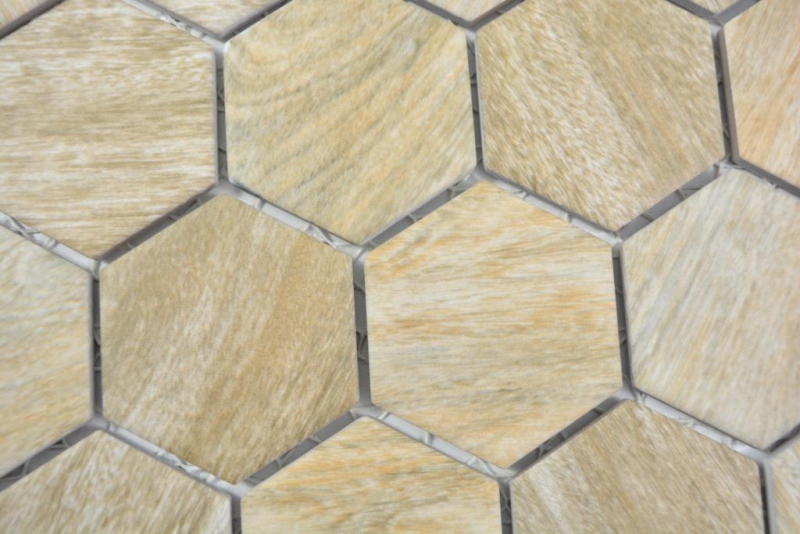 Mosaico in ceramica dipinta a mano esagono beige marrone effetto legno MOS11H-0011_m